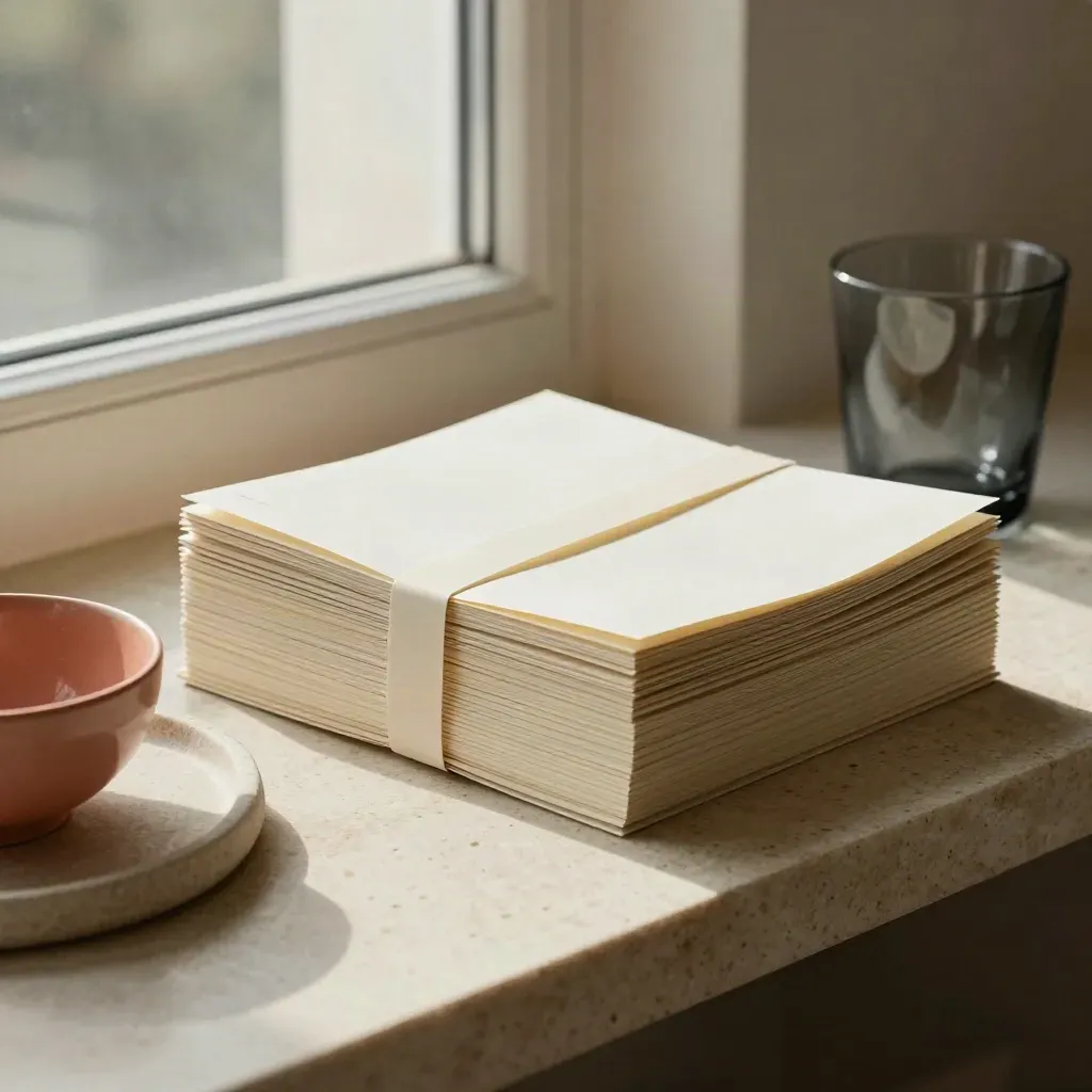 Folded trend notes zines with ceramic and glass companions on a travertine console.