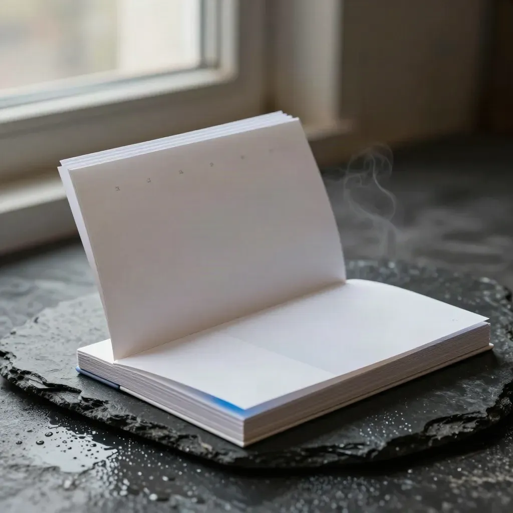 White report booklet on wet slate with swatch slips and a folded sample card, seen from low angle