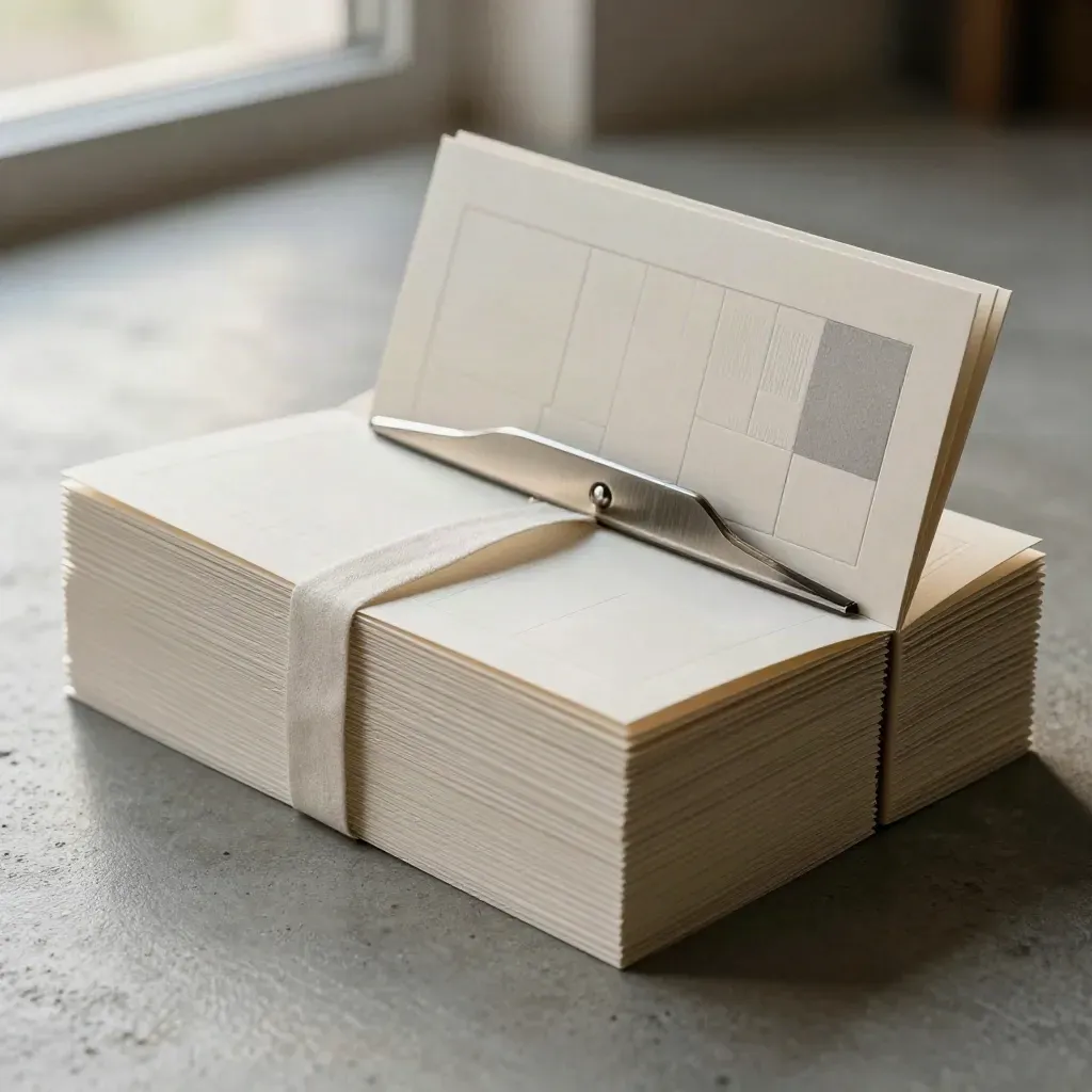 Off-white layout cards fanned on brushed concrete with linen divider and metal clip