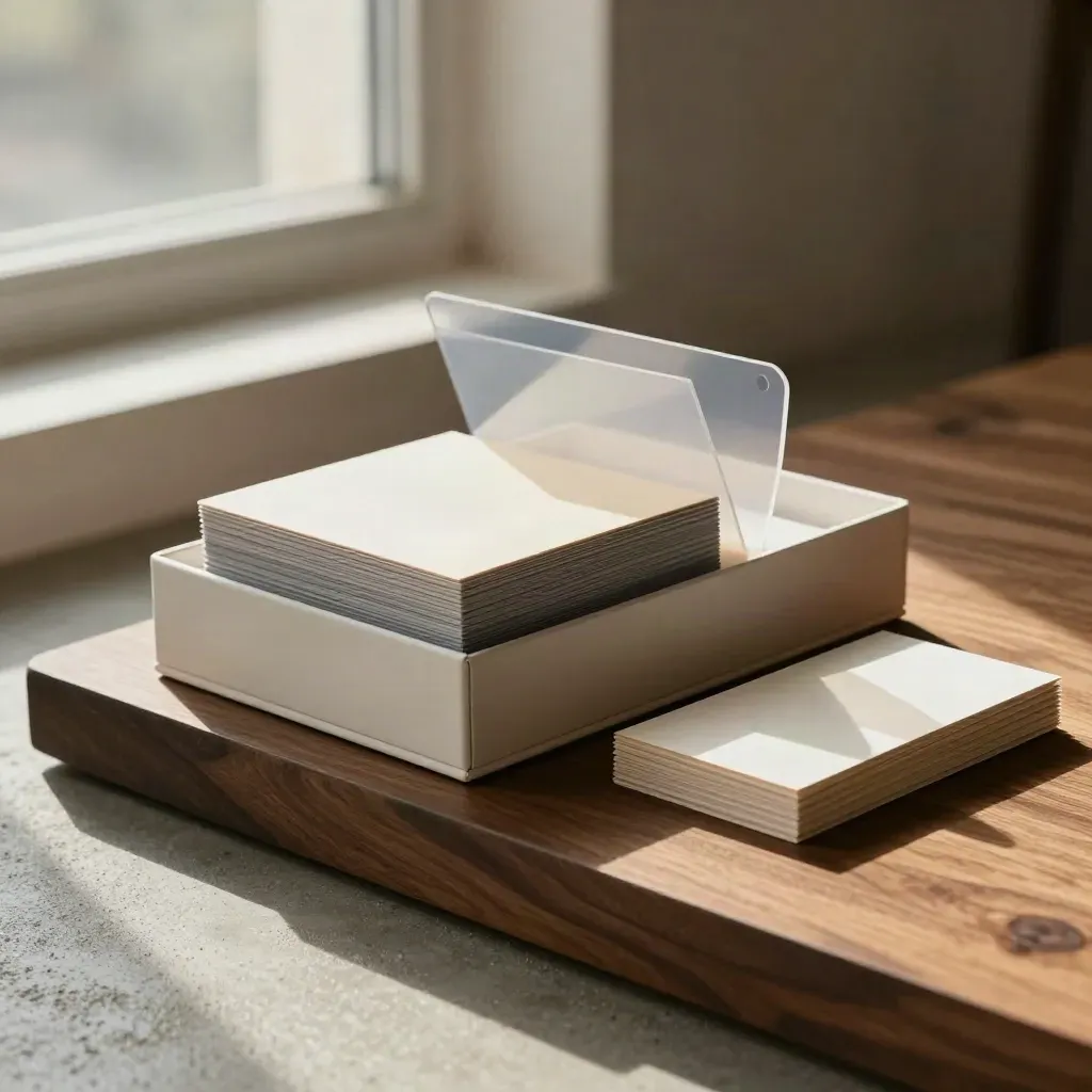 Open trend kit box with translucent inserts on a walnut plinth, softly lit.