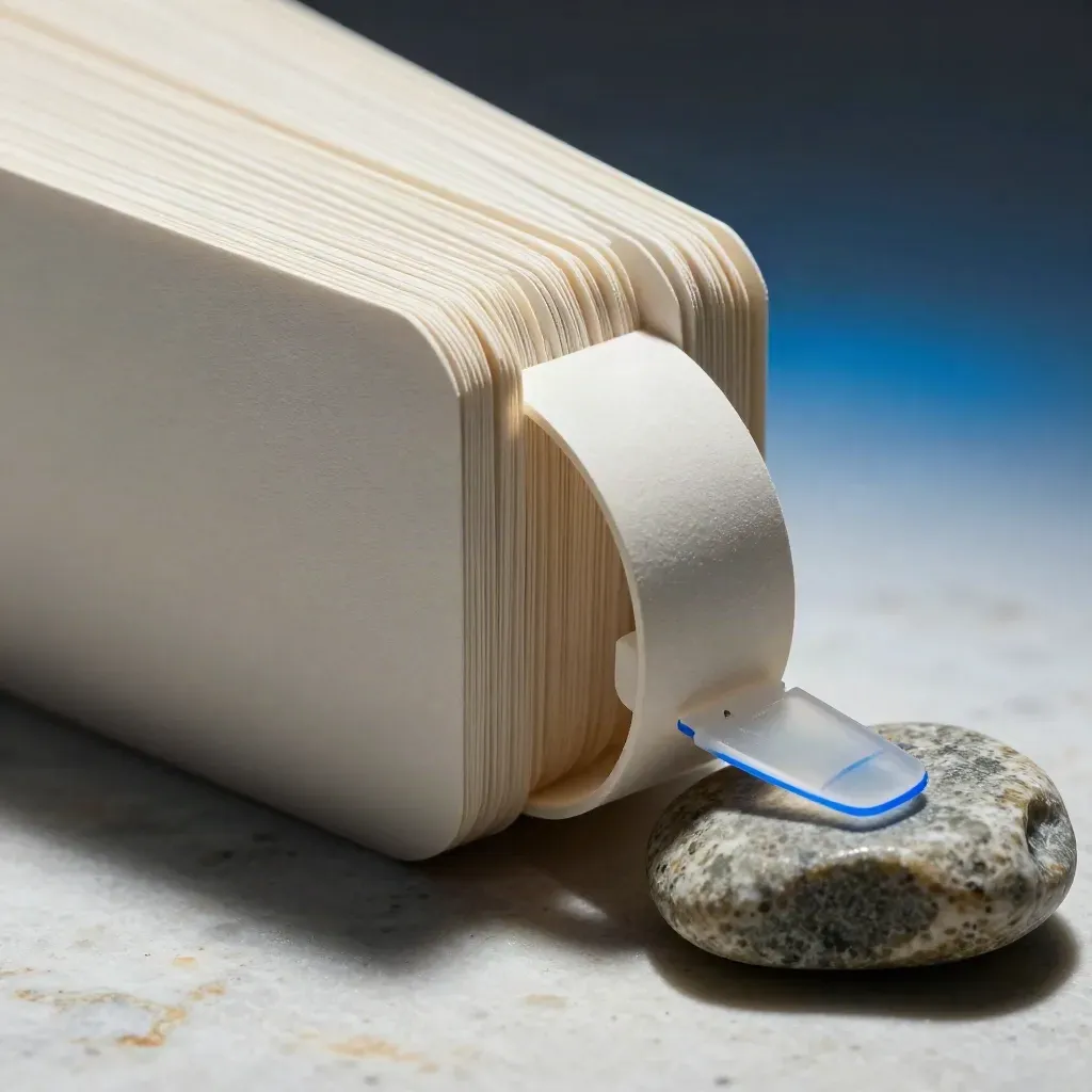 Macro of matte pattern-loop cards bound by a clasp, with stone and tracing chip in hard side light.