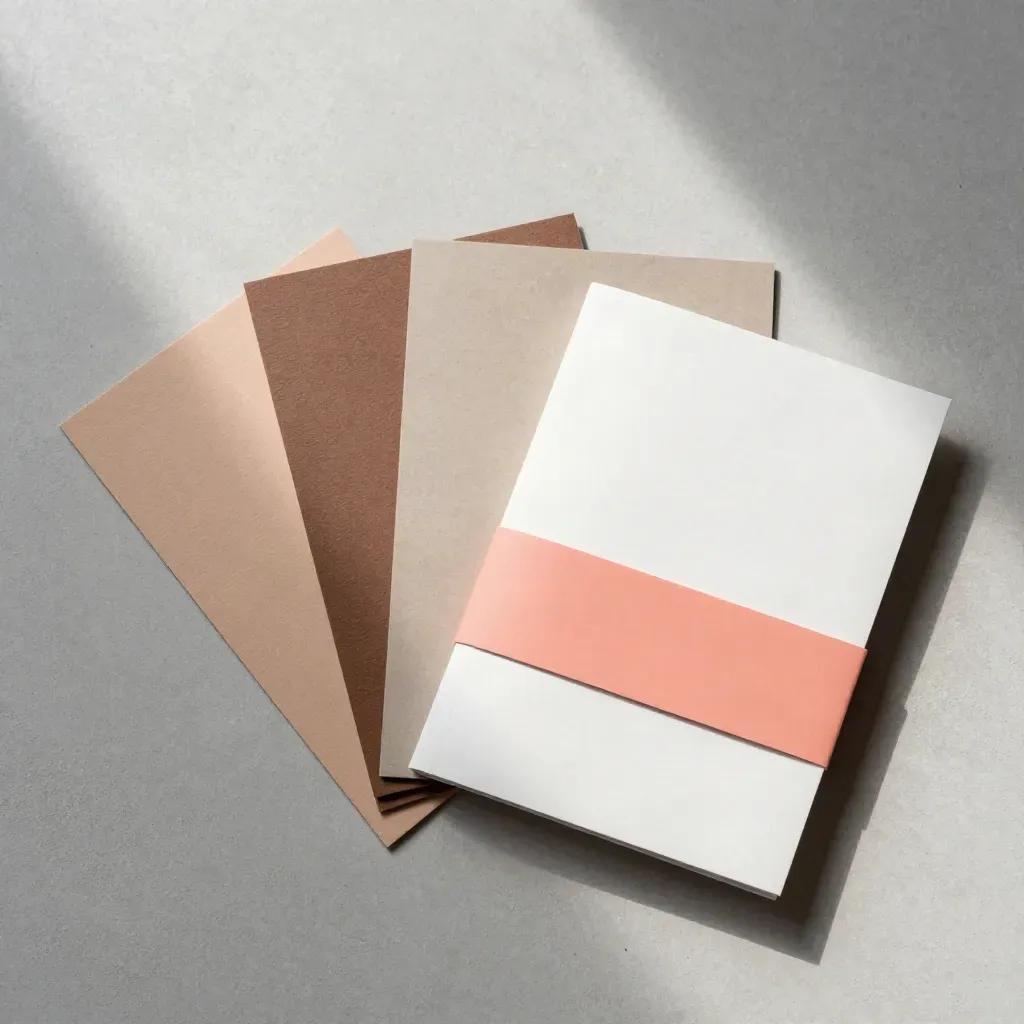 Overhead flatlay of swatch cards, a folded booklet, and a coral paper band on stone.