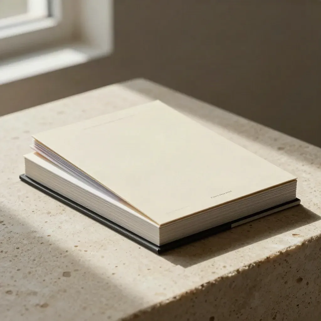Cream trend notes pack with layered inserts and translucent sleeve on travertine, softly lit.