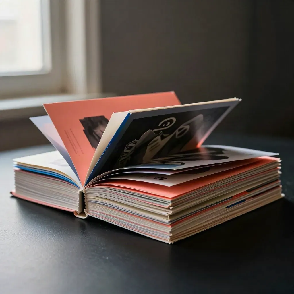 Burst-open stack of vivid zines, color chips and translucent tabs on a matte-black surface.