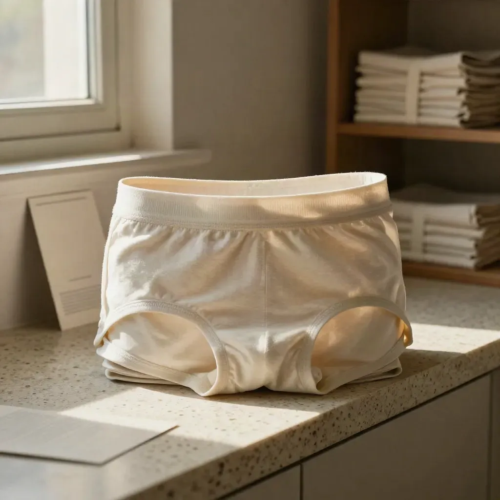 Stacked briefs with a cream sleeve and paper band on travertine in soft daylight