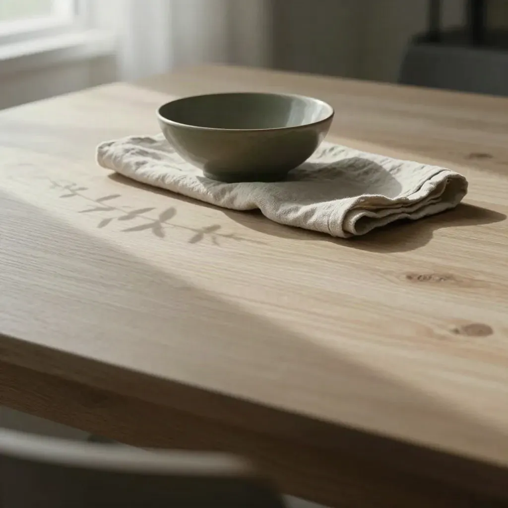 Ash-wood tabletop with bowl, folded linen, and branch shadow in soft window light.