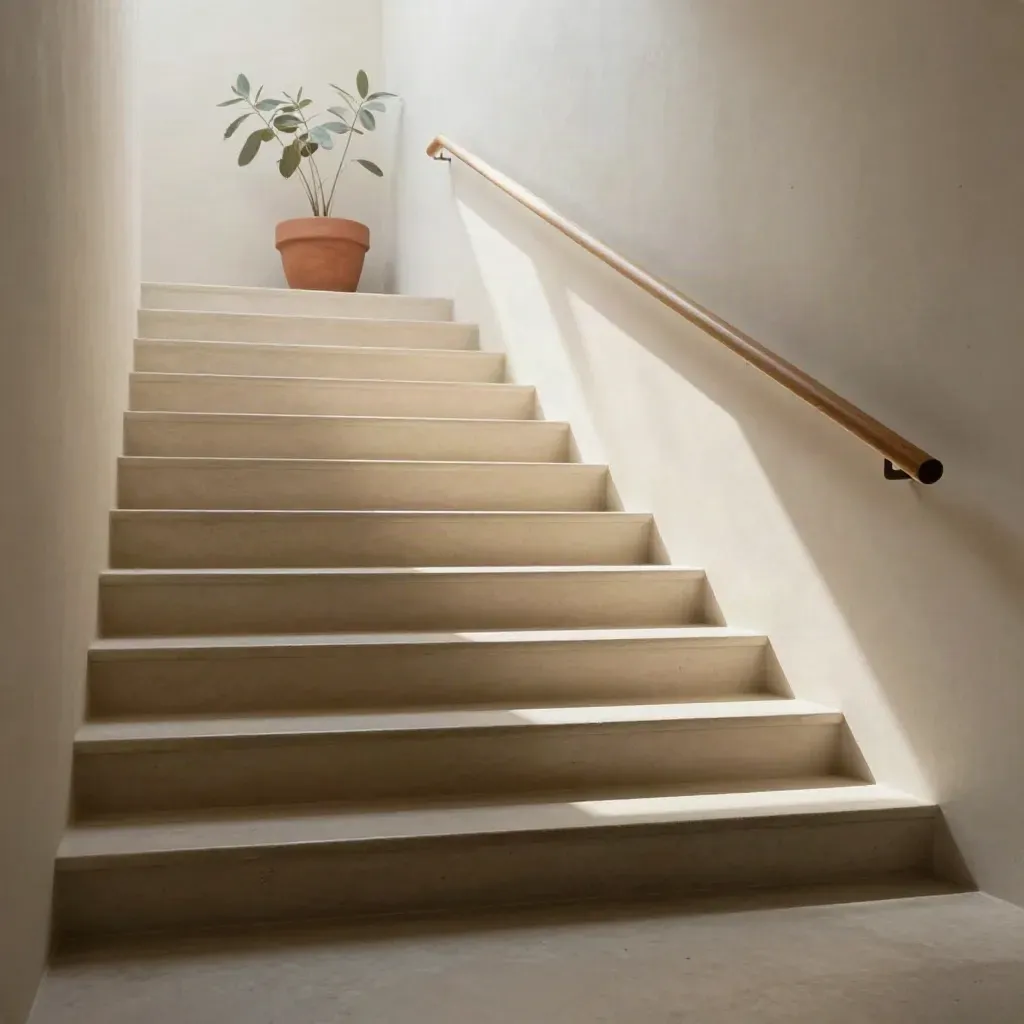 Sunlit stone gallery stairwell with skylight, pale landing and blurred planter.