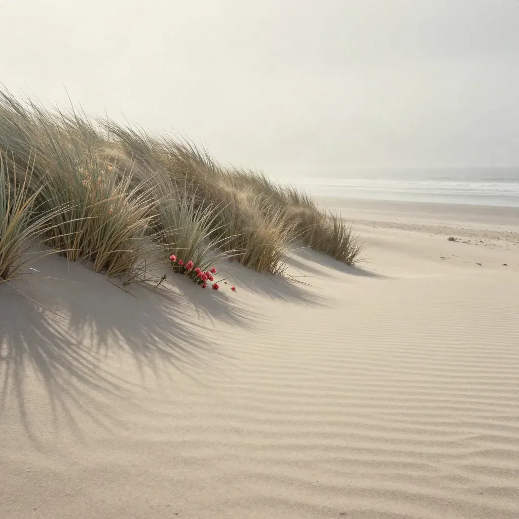 Wind-brushed dune above a calm shoreline, pale grass, misty surf, open sand.