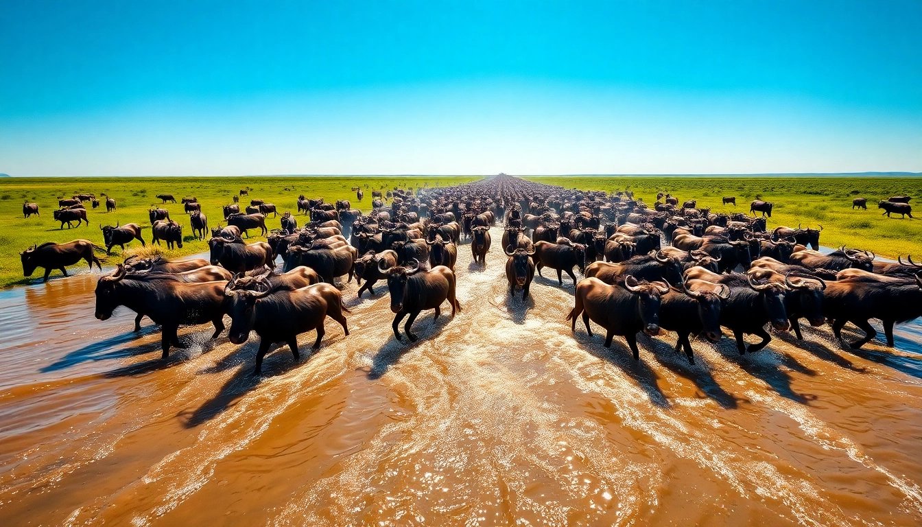 Witness the breathtaking wildebeest migration safari as a herd crosses a river under the sun.