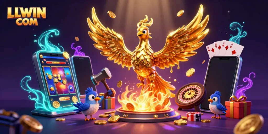 LLWIN COM showcases a golden phoenix symbolizing fortune, complemented by casino elements in a vibrant setting.