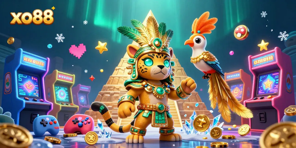 Experience xo88's dynamic gaming scene featuring colorful arcade elements and Mayan jaguar priest.