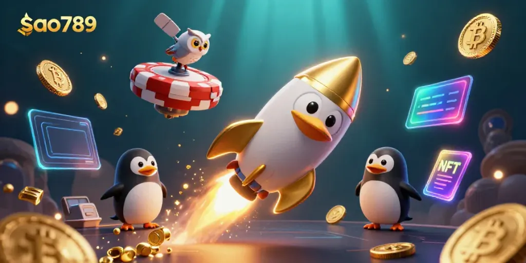 Experience the excitement of sao789 with a golden penguin blasting through space towards a casino-themed adventure.