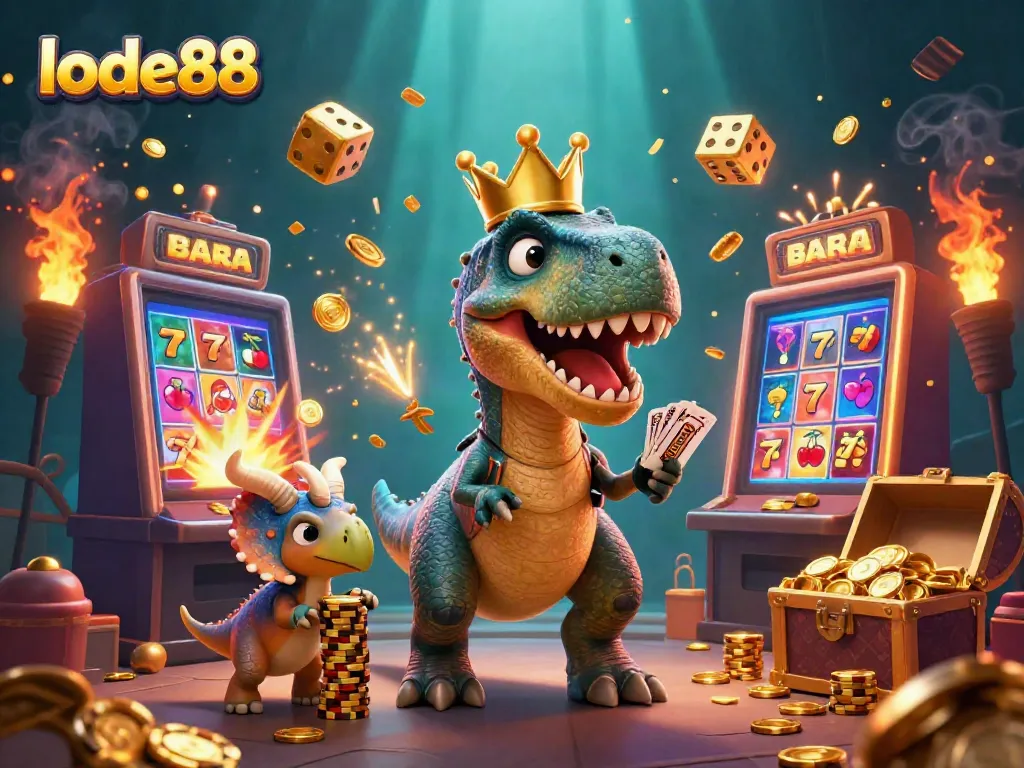 Participate in exciting lode88 action with a friendly T-Rex and friends amidst a jackpot explosion.