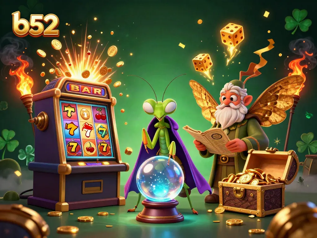 Engage with B52's thrilling gambling universe featuring vibrant characters, slot machines, and dynamic game elements.
