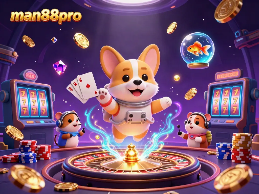 Experience thrilling gameplay at man88pro with dynamic casino scenes featuring a corgi, hamster, and floating coins.