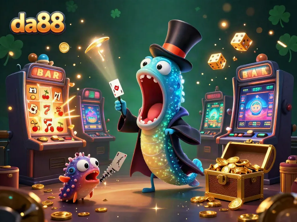 A lively scene with da88 characters performing magic tricks amidst a vibrant casino explosion of colors and symbols.