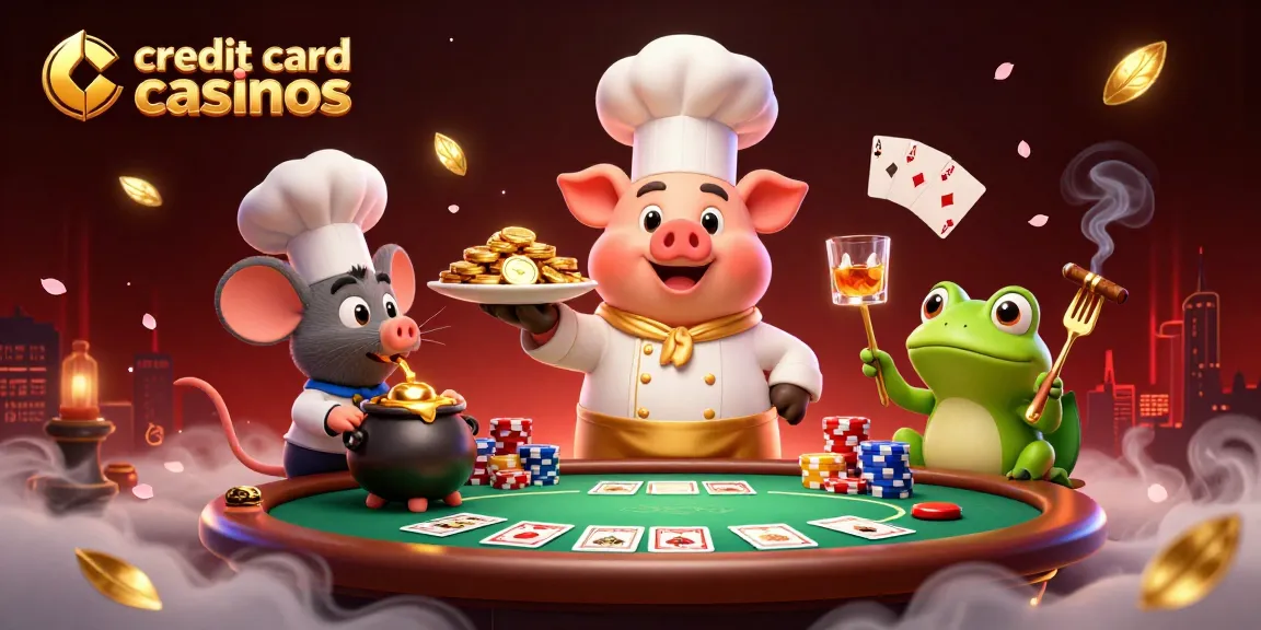 Join the excitement at credit card casinos, featuring a chef pig serving gold coins amidst a poker table.