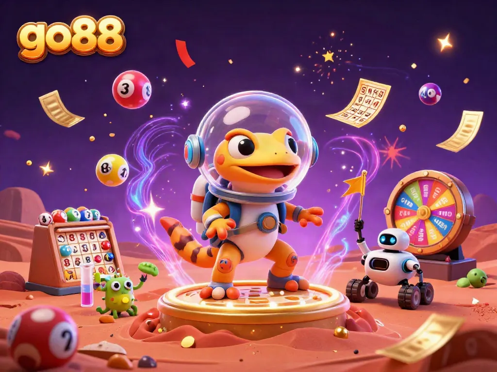 Experience vibrant excitement at go 88 with Martian gecko joyfully uncovering a hidden golden casino in a dazzling cosmic scene.
