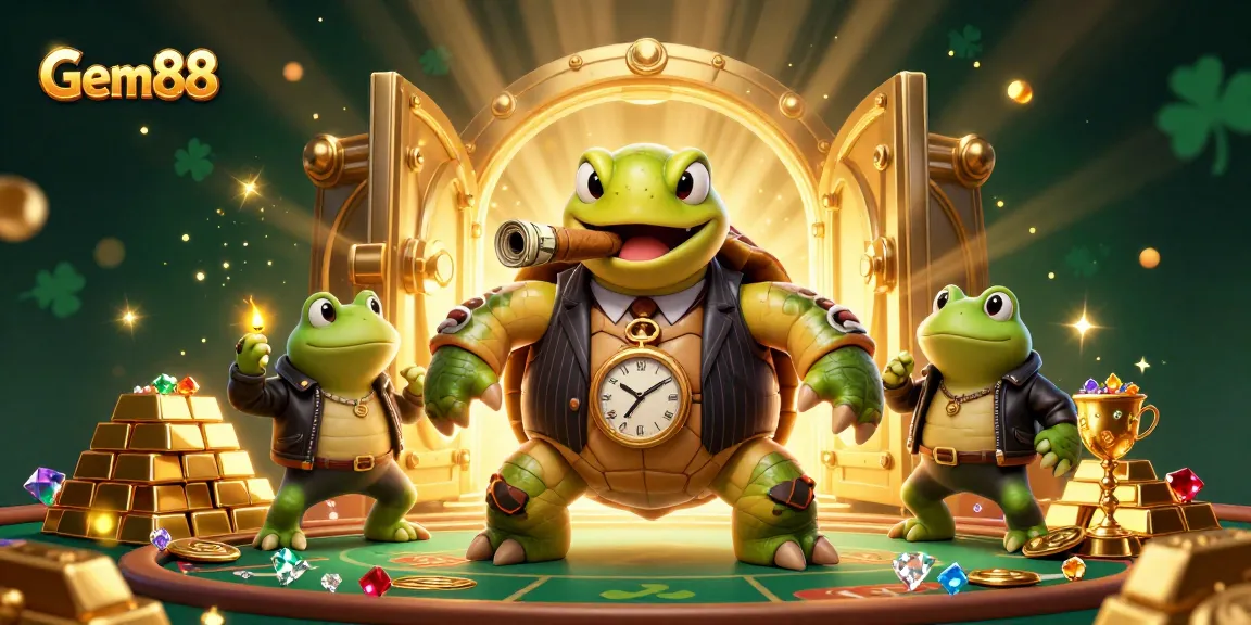 Gem88 showcases a vibrant casino scene featuring a snapping turtle in a mobster suit and bullfrog enforcers.