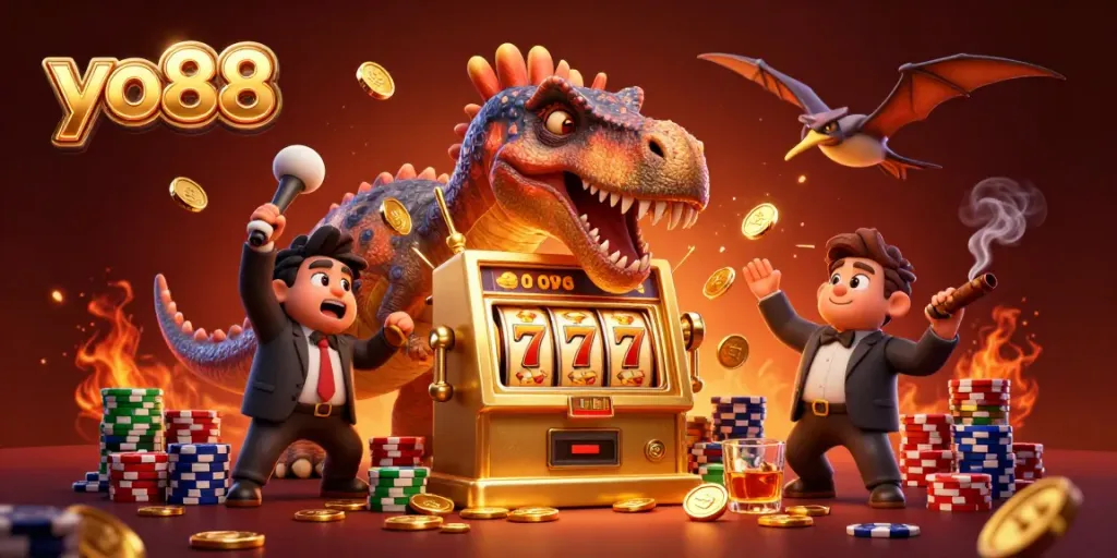 yo88 celebrates wins as a dinosaur hits a slot machine, capturing the thrill and excitement of online gambling