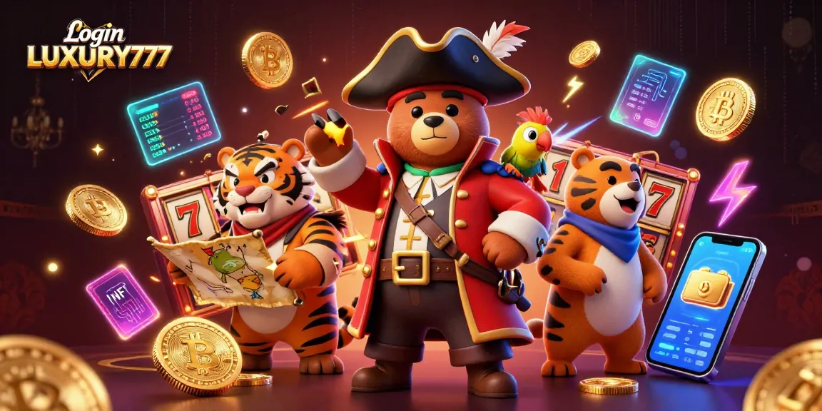 Login LUXURY777 dan berinteraksi di kasino online dengan peta harta karun dan simbol slot.