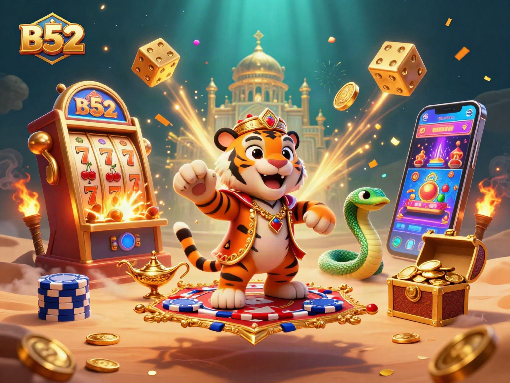 Experience thrilling B52 casino adventures with a dynamic 3D scene filled with vibrant slot elements.