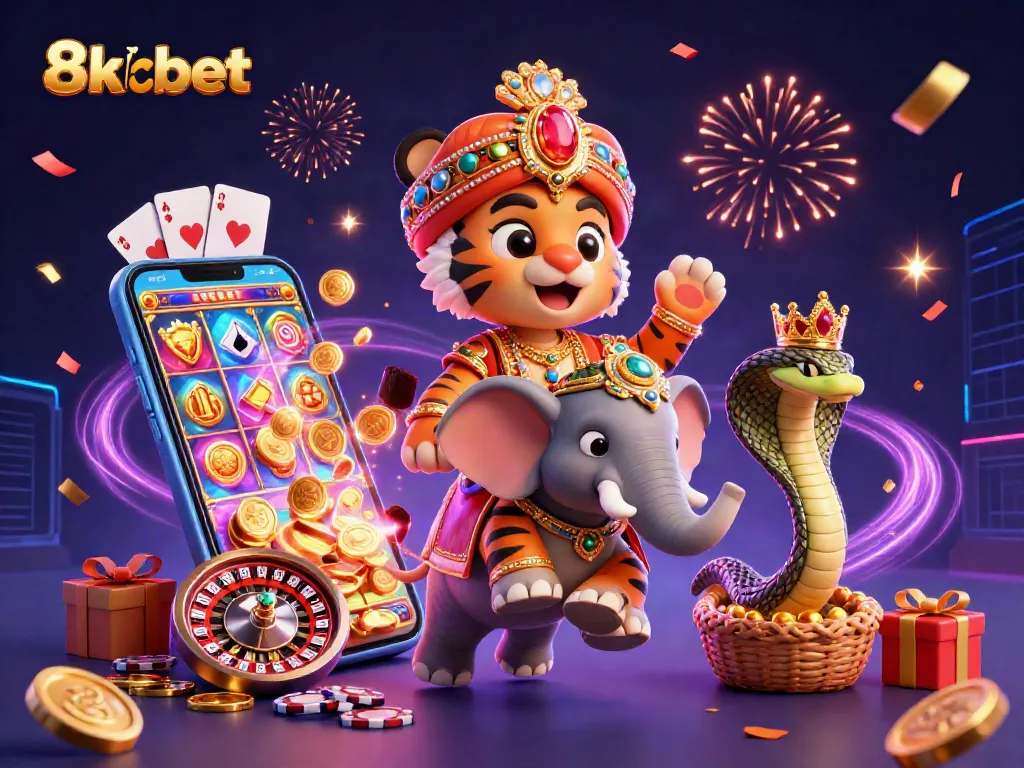 Spin, win, and play big with 8xbet in this vibrant casino adventure illustration!