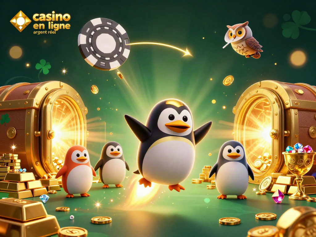 Explorez le casino en ligne argent réel avec un pingouin doré propulsé par une fusée.