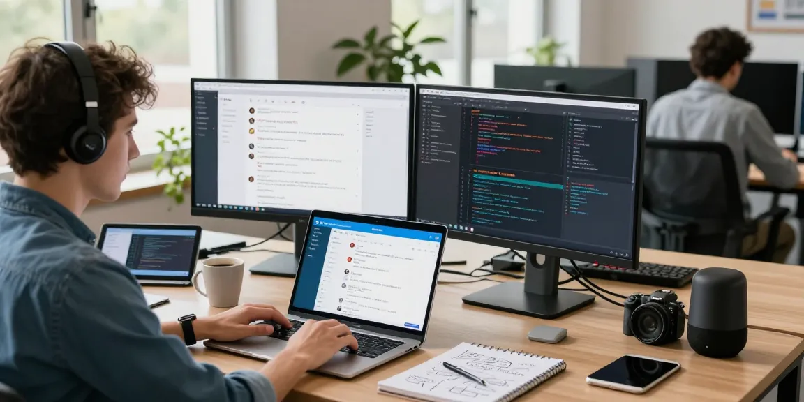 Professional using Telegram Web Version in a modern office with dual monitors and tech gadgets.