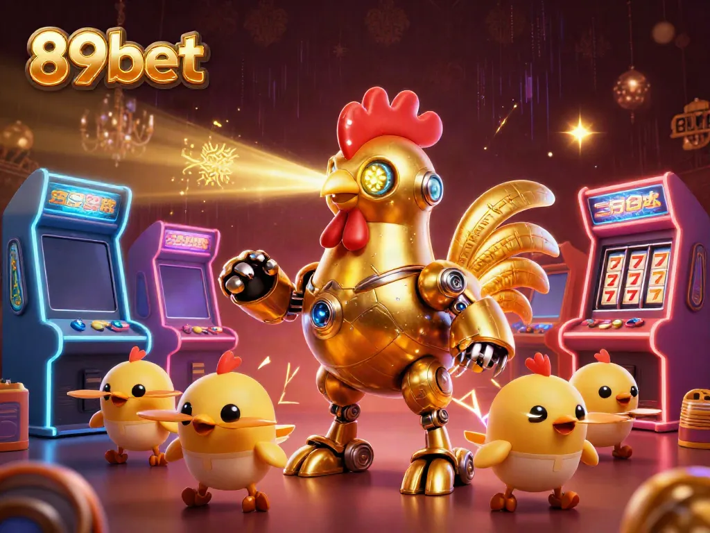 Engage with thrilling 89bet gameplay, featuring a golden rooster robot, vibrant arcade machines, and dynamic casino elements.