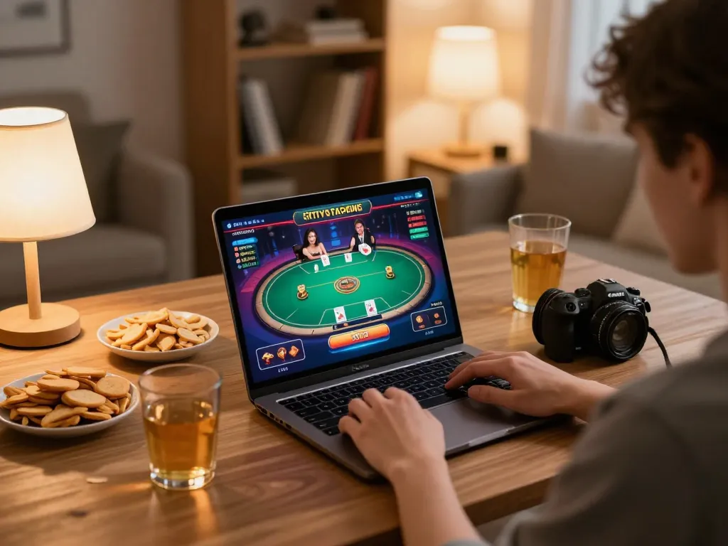 Engaging online gambling experience showing link vào Bet88 không bị chặn with vibrant poker game displayed on laptop.