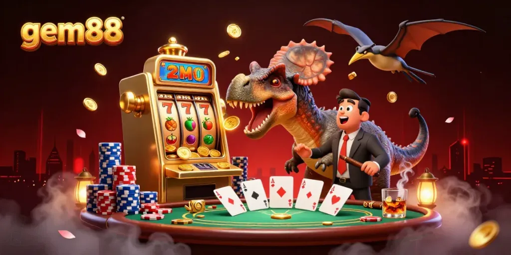 Experience the thrill of gem88 with a dynamic scene featuring a dinosaur jackpot moment.