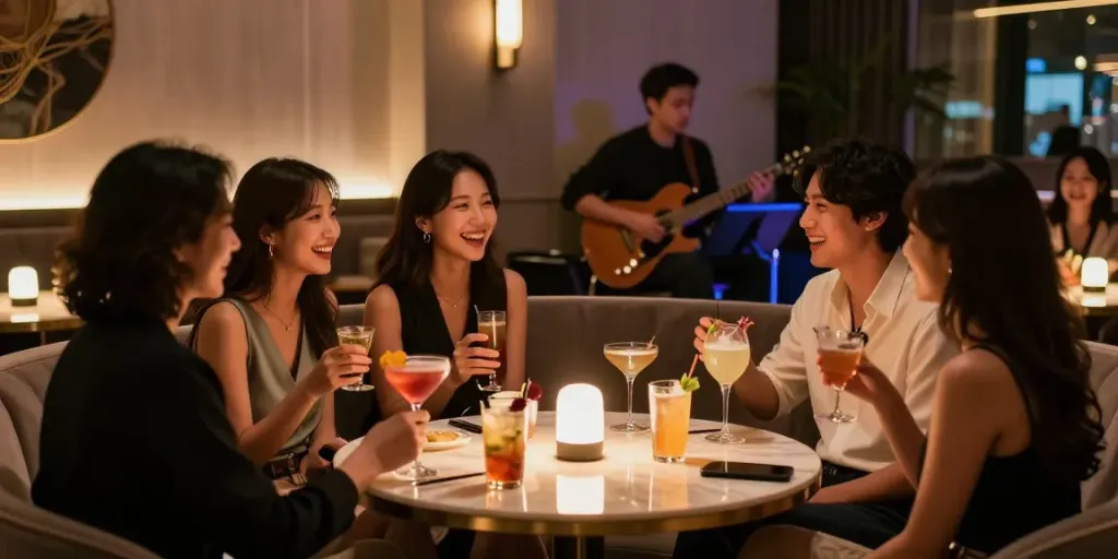 강남세이렌 쩜오에서의 우아한 밤문화 장면, 친구들이 칵테일을 즐기며 웃고 있는 모습.