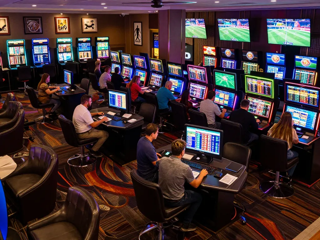 Players engaged in exciting go8 sports betting action at a high-end casino lounge.