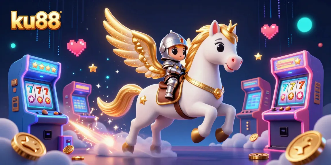 Experience the thrill of ku88 with a mythical scene featuring a golden-winged horse and dynamic gaming elements.