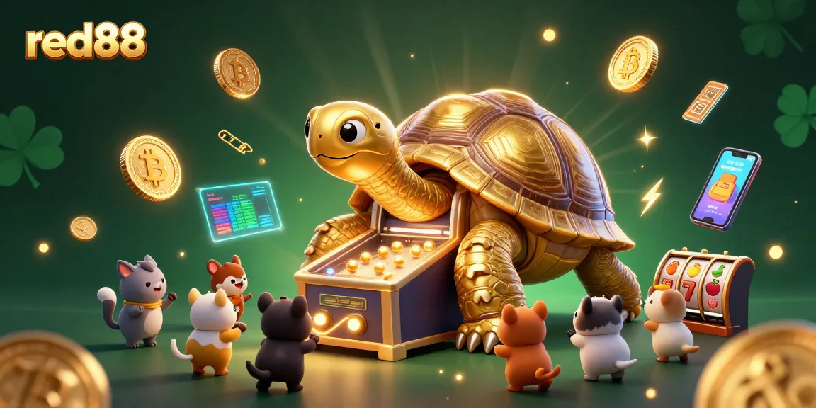 Experience thrilling casino action with red88's vibrant illustrated scene featuring a colossal tortoise pinball machine and crypto elements.