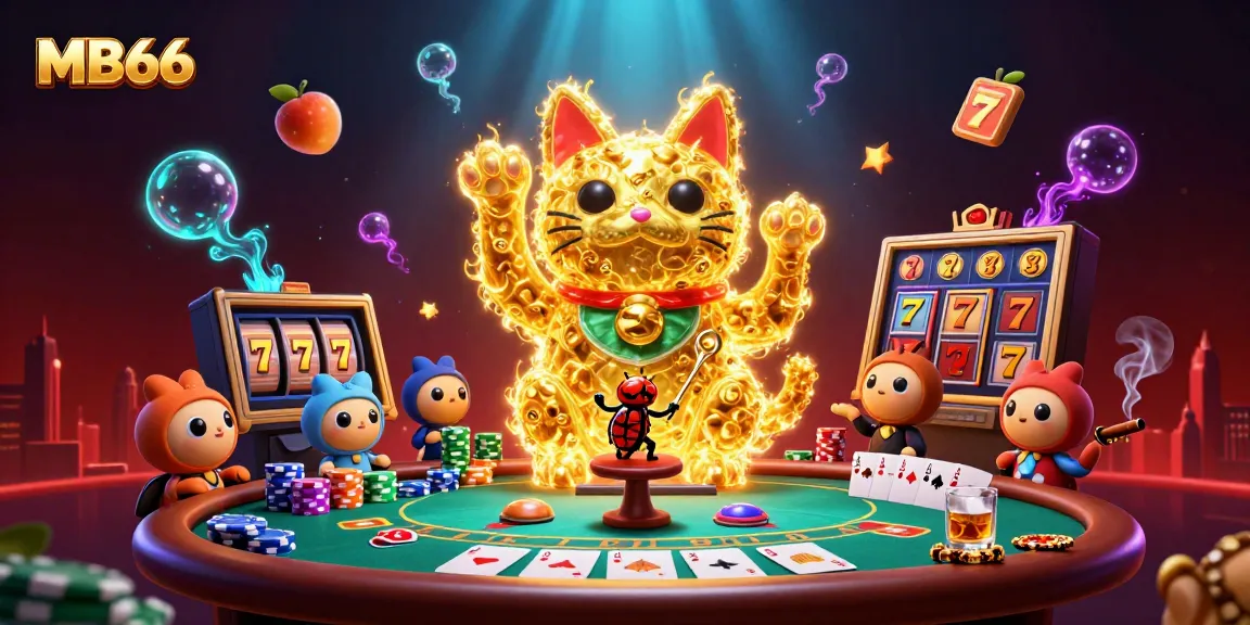 Engage with the thrilling MB66 casino scene featuring a golden lucky cat and poker elements.