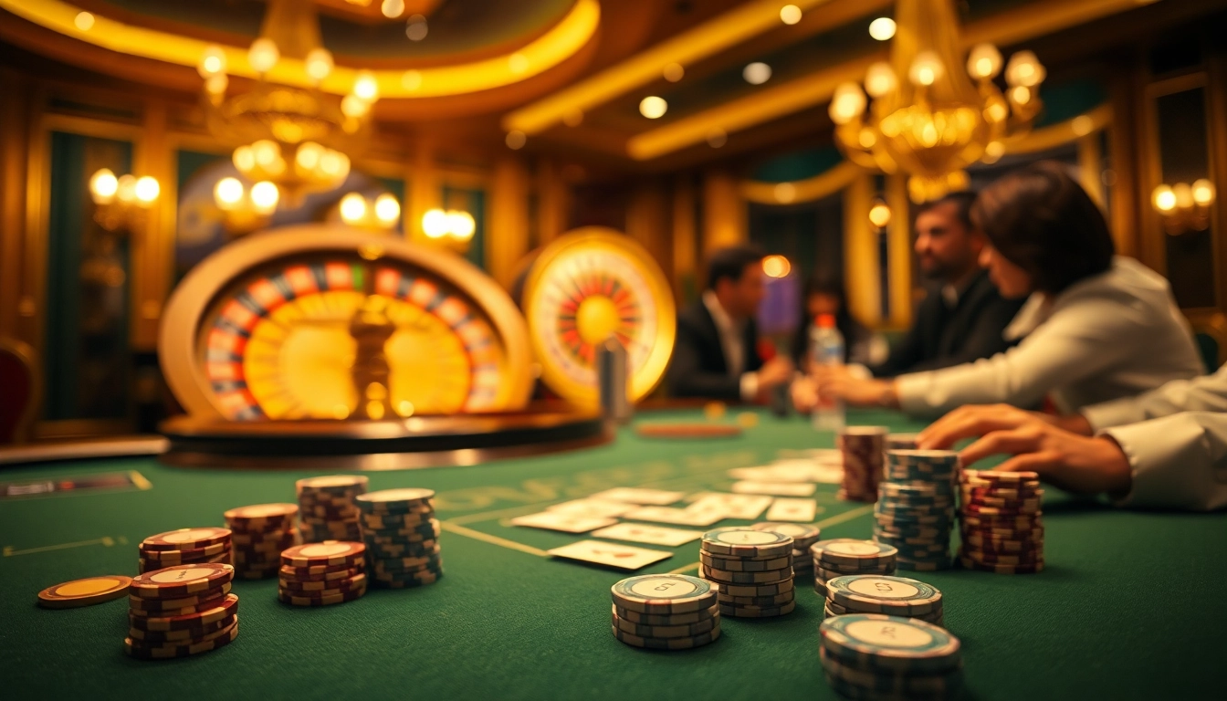 Players enjoying a thrilling poker game at 789f casino with luxury chips and cards.
