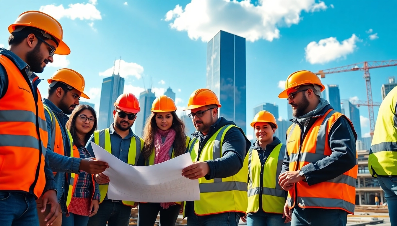 Highlighting construction advocacy, diverse workers collaborate on a large building project.