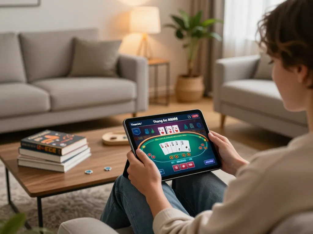 Experience strategic gameplay at the Thương hiệu MM88 online casino while playing poker on a tablet at home.