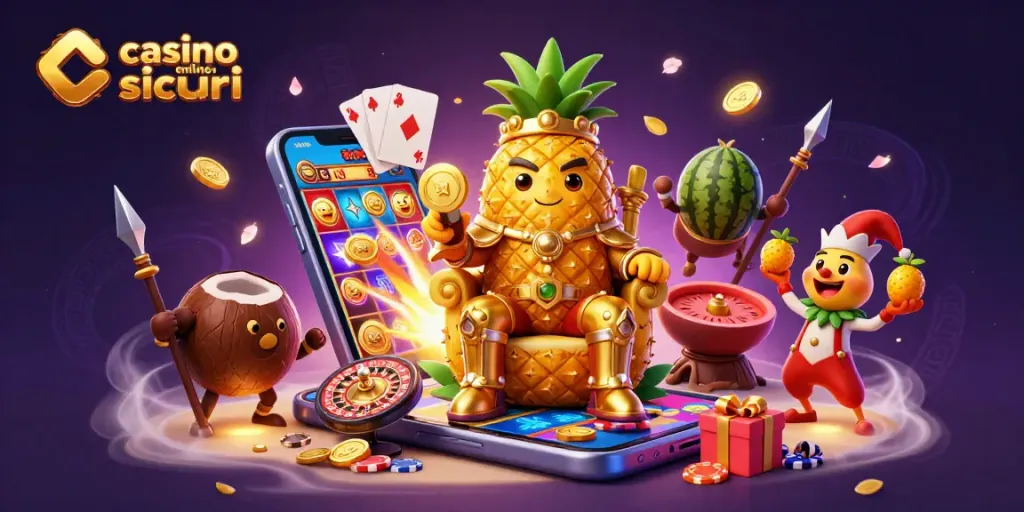 Gioca ai migliori casino online sicuri con il re delle ananas e i suoi guardiani, circondato da elementi di gioco.