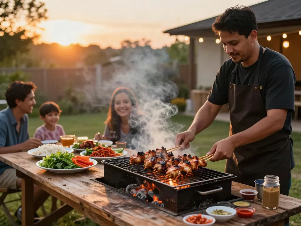 Delicious grilled chicken and sambal rawit at a barbecue, featuring rokok88 super flavors.