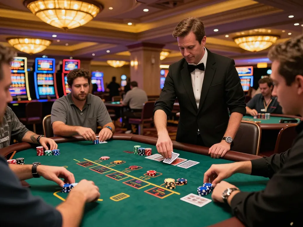VA88 players strategically placing bets at an engaging blackjack table in an upscale casino