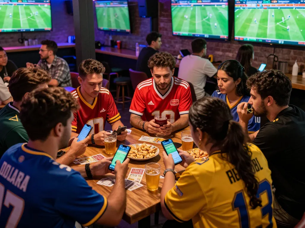 Xoilac football fans engaged in sports betting at a lively lounge, multiple screens broadcasting live matches.
