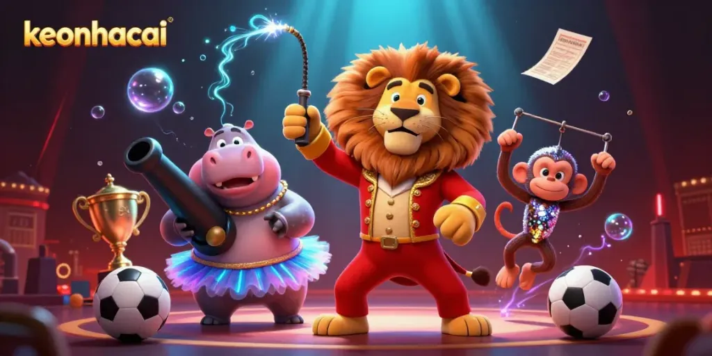 Engage with keonhacai through dynamic sports betting action featuring a lion, hippo, and monkey in a vibrant atmosphere.