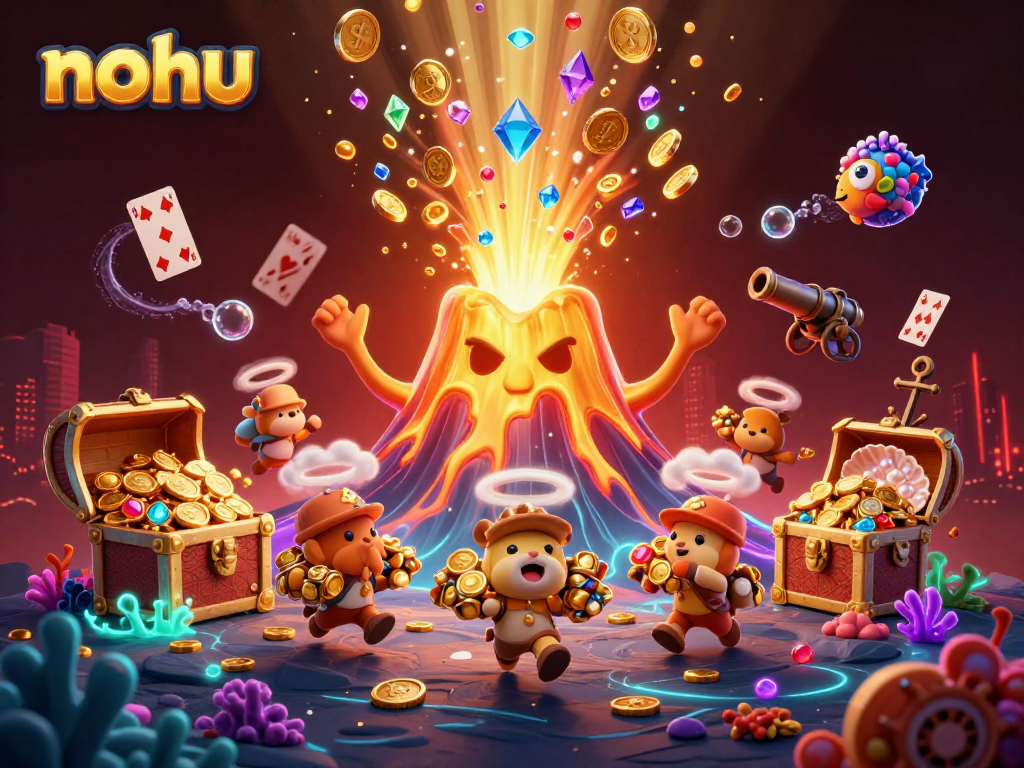 Experience thrilling wins at nohu as a golden volcano erupts coins and gems in this vibrant casino illustration.
