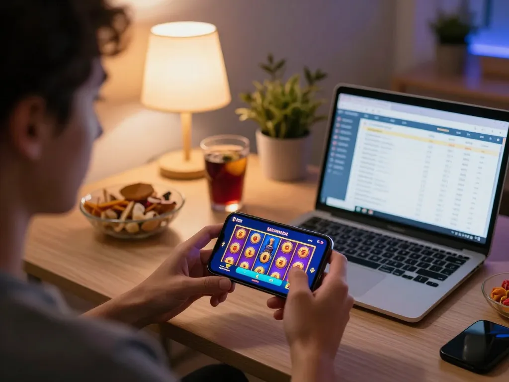 Engaging with LC88 mobile casino app on a smartphone in a cozy home setup.