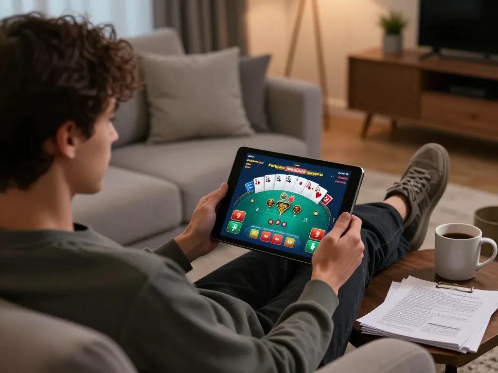 Play poker and win with go99 on a cozy tablet gaming setup at home
