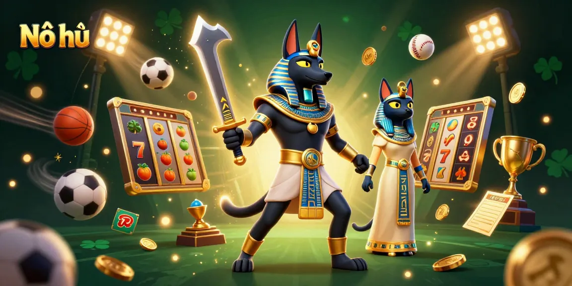Nổ hũ slots scene full of dynamic elements including Anubis and Bastet surrounded by vibrant slot reels.