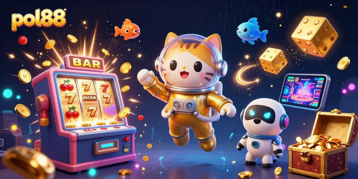 Gambarlah petualangan pol88 dengan kucing astronot angkasa dan robot anjing dalam kasino.